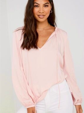 Bella Dahl Ecovera Shirred Elastic Neck V-neck Long Sleeve Top Sz S Peach